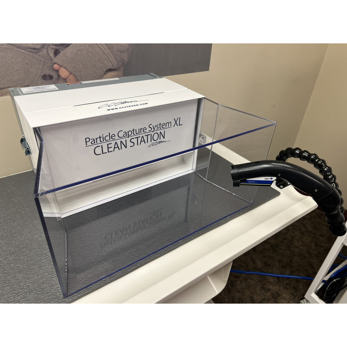 PCS Clean Station portable particle capture system on a workbench